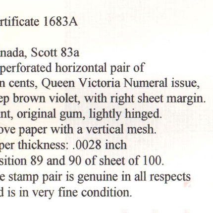 Canada #83a XF Mint Imperf Pair  **With Certificate**