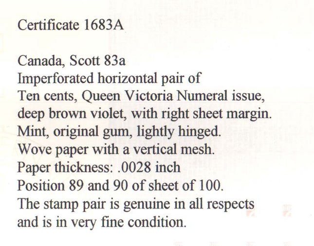 Canada #83a XF Mint Imperf Pair  **With Certificate**