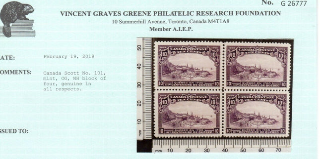 Canada #101 Extra Fine Never Hinged Gem Block **With Certificate**