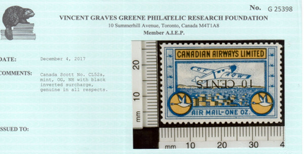 Canada #CL52a XF/NH Inverted Surcharge **With Certificate**