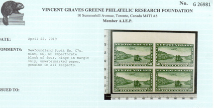 Newfoundland #C7c XF/NH Unwatermarked Imperf Block **With Cert.**
