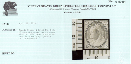 Canada M&P #E-2 15cent Die Essay In Stamp Size **With Certificate**