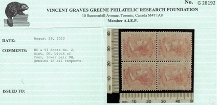 British Columbia #2 Mint Fine - Very Fine Block **With Certificate**