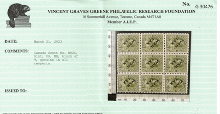 Canada #MR2c VF/NH Block Of Nine **With Certificate**