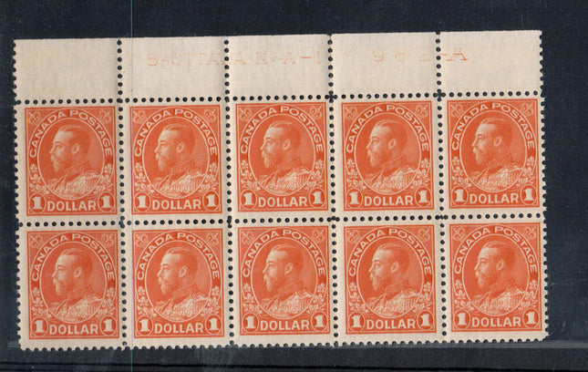 Canada #122 Mint Plate #A-1 Very Fine Never Hinged Top Block Of Ten