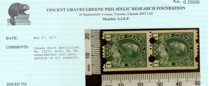 Canada #131iv VF/NH Experimental Coil Pair **With Certificate**