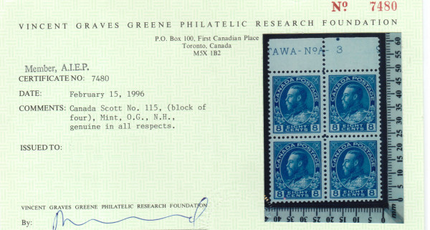 Canada #115 XF/NH Plate #3 Block **With Certificate**