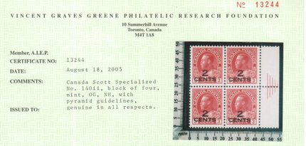 Canada #140ii VF/NH Pyramid Guideline Block **With Certificate**