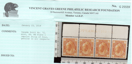 Canada #72 XF/NH Plate #1 Imprint Strip Of Four **With Certificate**