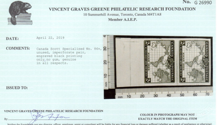 Canada #86v XF Mint Imperf Pair **With Certificate**