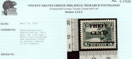 Newfoundland #160i VF Mint Type 1 Trial Surcharge In Black **With Certificate**