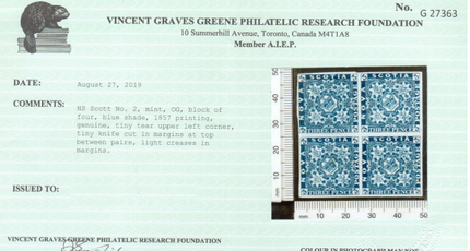Nova Scotia #2 VF Mint Block **With Certificate**