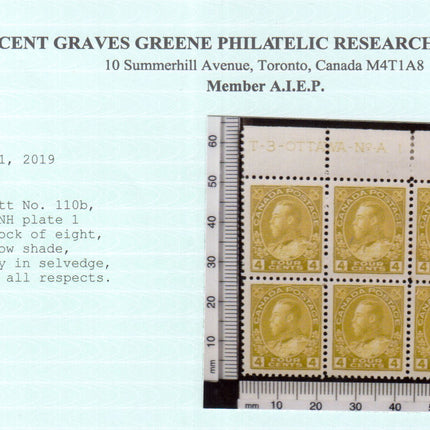 Canada #110b VF/NH Plate Block Of Eight **With Certificate**