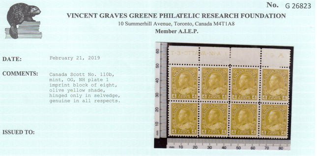 Canada #110b VF/NH Plate Block Of Eight **With Certificate**