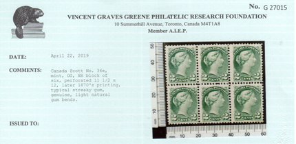 Canada #36e Mint Scarce Block Of Six **With Certificate**