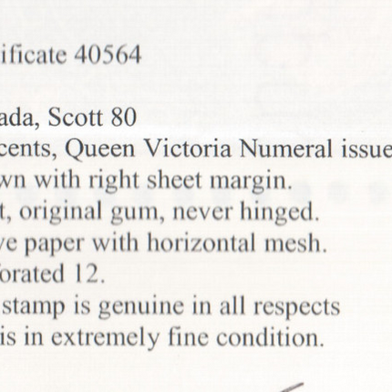 Canada #80 XF/NH Right Margin Example **With Certificate**