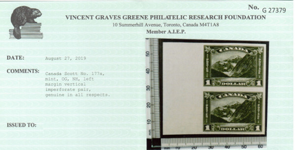 Canada #177a XF Mint Imperf Pair **With Certificate**