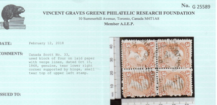 Canada #33 Used Block Only One Known On Laid Paper **With Certificate**