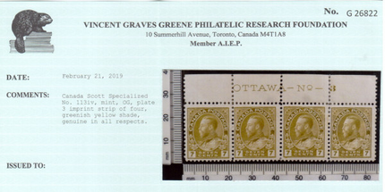 Canada #113iv Mint Plate #3 Strip Of Four **With Certificate**