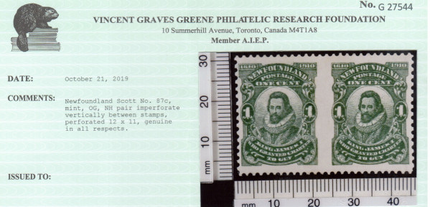 Newfoundland #87c VF/NH Imperf Pair **With Certificate**