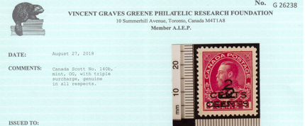 Canada #140b XF Mint Triple Surcharge Variety **With Certificate**