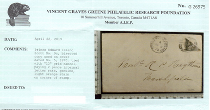 Prince Edward Island #9c Used Rare Bisect On Cover **With Certificate**