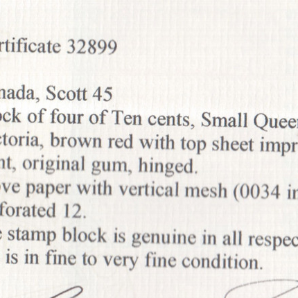 Canada #45 Mint Imprint Block **With Certificate**