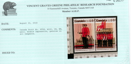 Canada #693d XF/NH Double Impression In Setenant Pair **With Certificate**