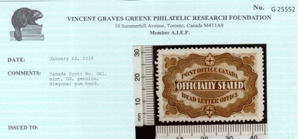 Canada #OX1 XF Mint **With Certificate**