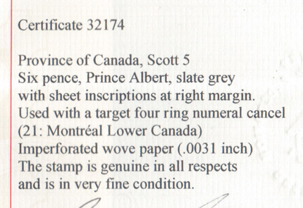 Canada #5 VF Used Showing Imprint In Margin **With Cert.**