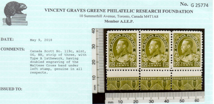 Canada #119c VF/NH Lathework A Strip Of Three **With Certificate**