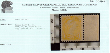 Canada #35 XF/NH Right Margin Example **With Certificate**