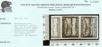 Newfoundland #193iii XF Mint Imperf Pair **With Certificate**