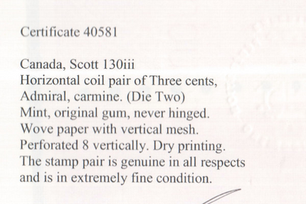 Canada #130iii XF/NH Paste Up Pair **With Certificate**