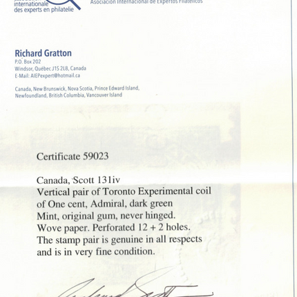 Canada #131iv VF/NH Toronto Experimental Coil Pair **With Cert.**