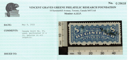 Canada #F3 XF Used **With Certificate**