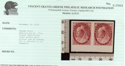 Canada #77iv XF Mint Imperforate Pair **With Certificate**