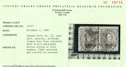 Canada #13i Used Unique Pair Showing Stitch Watermark **With Cert.**
