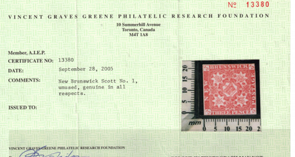 New Brunswick #1 Mint Fine Unused (No Gum) **With Certificate**