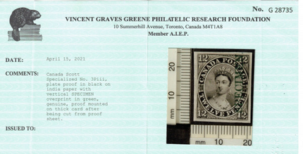 Canada #3Pii VF Plate Proof India On Card With Vertical Specimen In Green