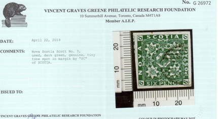 Nova Scotia #5 Used Superb With Maximum Sized Margins **With Certificate**