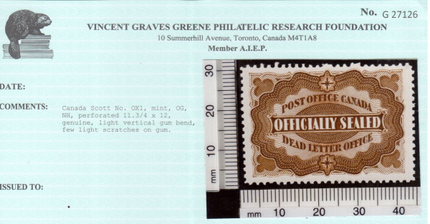 Canada #OX1 VF/NH Light Natural Gum Bend **With Certificate**