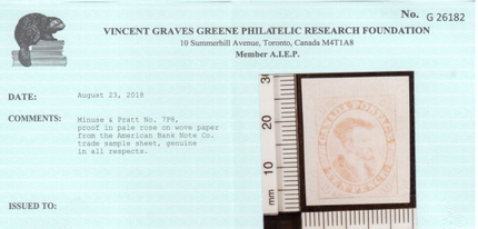 Canada #7TS XF Trade Sample Proof In Pale Rose **With Certificate**