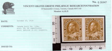 Canada #118a XF/NH Imperf Pair **With Certificate**