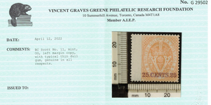 British Columbia #11 Mint Fine+ **With Certificate**