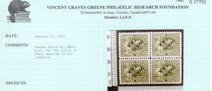 Canada #MR2c VF/NH Block **With Certificate**