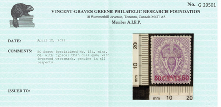 British Columbia #12i Mint Fine+ With Inverted Watermark **With Cert.**