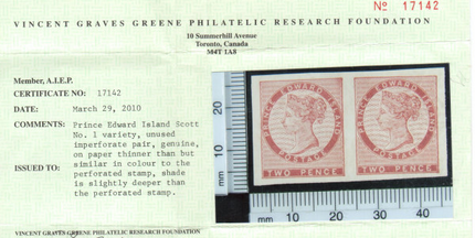 Prince Edward Island #1 XF Mint Imperforate Pair Variety **With Certificate**
