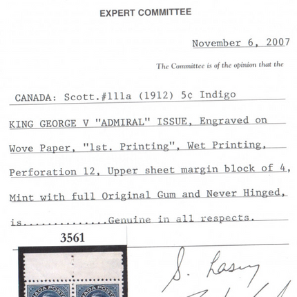 Canada #111a VF+/NH Block **With Certificate**