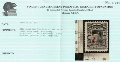Newfoundland #74E-2 VF Mint With Double Essay Surcharge In Red